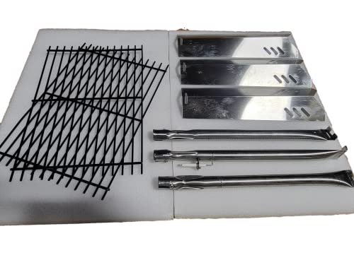 Quickflame Master Cook 3 Burner Grill Repair Kit - Set of Porcelain Coated Cooking Grid and Three Stainless Steel Replacement Heat Plates & Burners for Master Cook 3 Burner Grill Model