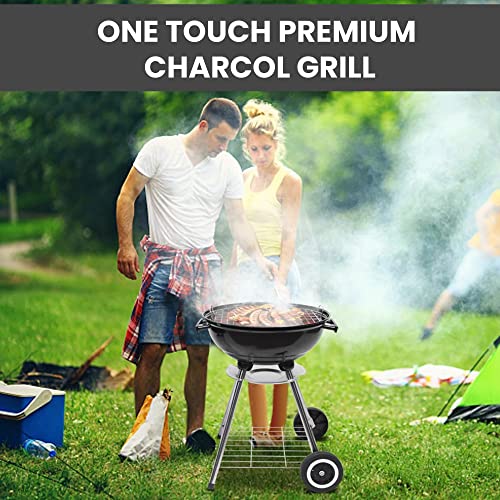 18 Inch Portable Charcoal Grill with Wheels for Outdoor Cooking Barbecue Camping BBQ Coal Kettle Grill - Heavy Duty Round with Thickened Grilling Bowl Wheels for Small Patio Backyard