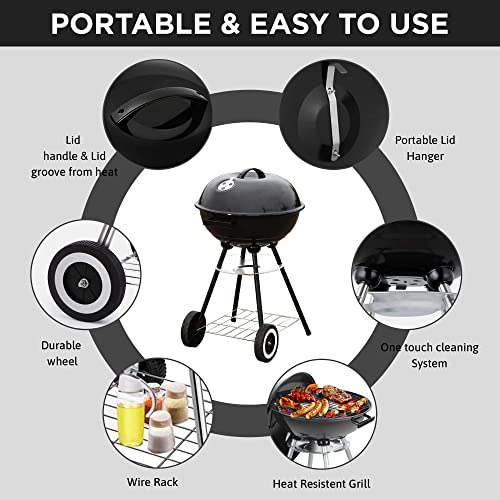 18 Inch Portable Charcoal Grill with Wheels for Outdoor Cooking Barbecue Camping BBQ Coal Kettle Grill - Heavy Duty Round with Thickened Grilling Bowl Wheels for Small Patio Backyard