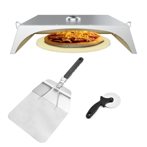 Grill Top Pizza Oven Kit, Outdoor Stainless Steel Pizza Maker with 15" Cordierite Pizza Baking Stone, Pizza Peel, Pizza Roller Cutter, Built-in Thermometer