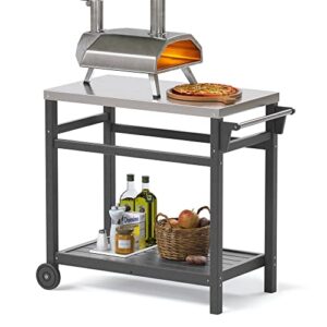 torva outdoor prep cart,portable dining table for pizza oven, double-shelf patio grilling backyard bbq grill cart(gray color)