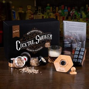 cocktail smoker kit with whiskey stone, 4 different wood chips, cocktail smoker top & whiskey glass, old fashioned drink smoker kit for whiskey and bourbon, infuse cocktails, whiskey