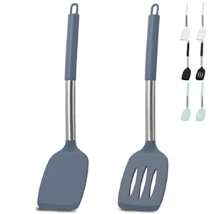 cooptop pack of 2 silicone spatula set – non stick silicone slotted turner and solid turner – 600°f heat resistant cooking utensils (grey blue)