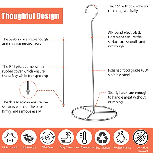 6 Pieces Stainless Steel Vertical Skewer Set, (2x15''Skewers,2x9‘’Spikes& 2x6.25‘’Bases), Multifuntion Barbecue Spike& Poultry Hanger Set for Webber,Bronco, Pit Barrel,Green Egg Smoker,etc