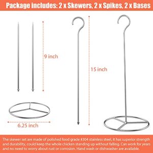 6 Pieces Stainless Steel Vertical Skewer Set, (2x15''Skewers,2x9‘’Spikes& 2x6.25‘’Bases), Multifuntion Barbecue Spike& Poultry Hanger Set for Webber,Bronco, Pit Barrel,Green Egg Smoker,etc