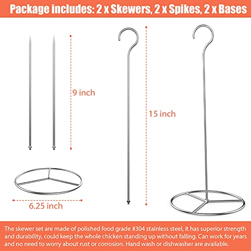 6 Pieces Stainless Steel Vertical Skewer Set, (2x15''Skewers,2x9‘’Spikes& 2x6.25‘’Bases), Multifuntion Barbecue Spike& Poultry Hanger Set for Webber,Bronco, Pit Barrel,Green Egg Smoker,etc