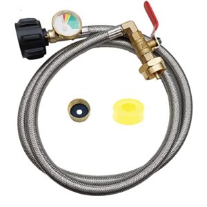 4ft/48 inch propane refill adapter hose with gauge stainless braided qcc1 type inlet extension propane refill hose with on/off control valve for 1lb propane gas tank 350psi high pressure camping