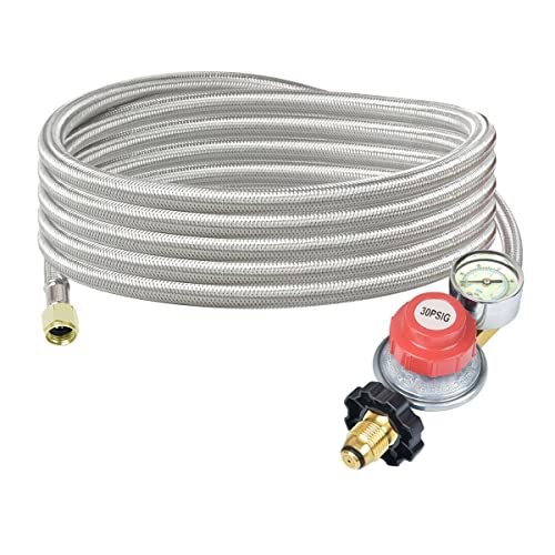 Generep Adjustable Propane Tank Regulator 0-30 PSI,12 Foot High Pressurepropane Hose with Gauge/Indicator,More Durable Stainless Steel Braided Gas Hose and LP Gas Regulator(12 FT)