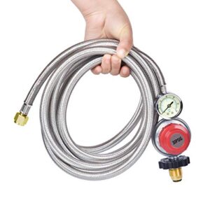 Generep Adjustable Propane Tank Regulator 0-30 PSI,12 Foot High Pressurepropane Hose with Gauge/Indicator,More Durable Stainless Steel Braided Gas Hose and LP Gas Regulator(12 FT)