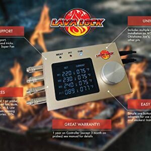 LavaLock 4-Probe Automatic BBQ Controller w/ 35 cfm Variable Speed Fan Compatible with BGE, Kamado Joe, WSM, UDS, Weber Smokey Mountain, Oklahoma Joe's, Sm Med Offset Vertical Stick Burner Smokers