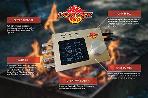LavaLock 4-Probe Automatic BBQ Controller w/ 35 cfm Variable Speed Fan Compatible with BGE, Kamado Joe, WSM, UDS, Weber Smokey Mountain, Oklahoma Joe's, Sm Med Offset Vertical Stick Burner Smokers