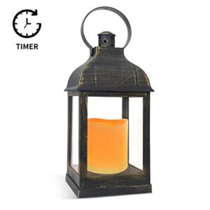 lantern decorative with timer function – 10″ led decorative lantern with flickering flameless candles, indoor outdoor hanging lanterns, vintage lantern centerpieces for tables home wedding, bronze