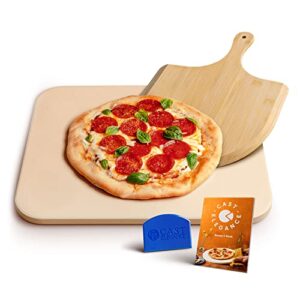 cast elegance durable thermal shock resistant thermarite pizza stone & baking stone for oven & grill, includes wooden pizza paddle, recipe e-book & cleaning scraper, large,14×16 inch, 5/8th inch thick