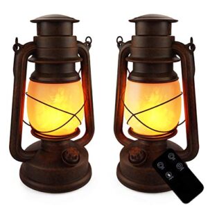 led vintage lantern battery operated rustic lantern outdoor decoration flickering flame lantern hanging lamp with remote for patio yard cabin door front decor, 2 pack