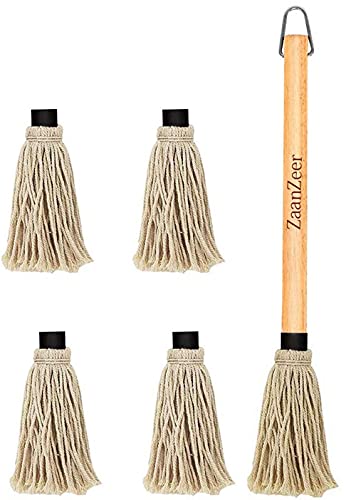 ZaanZeer 18 Inches BBQ Mop with Wooden Handle and 4 Extra Replacement Cotton Fiber Basting Mop Heads for Grilling and Smoking Steak