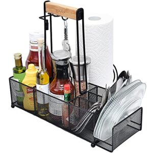 OMAIA BBQ and Grill Caddy with Paper Towel Holder, Wood Handle & 2 Hooks – Camper Accessories Condiment Caddy – Plates, Cutlery and BBQ Organizer for Camping Outdoor, RV - US Patent Pending