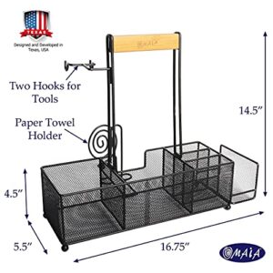 OMAIA BBQ and Grill Caddy with Paper Towel Holder, Wood Handle & 2 Hooks – Camper Accessories Condiment Caddy – Plates, Cutlery and BBQ Organizer for Camping Outdoor, RV - US Patent Pending