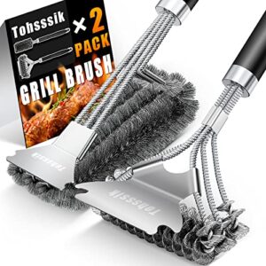 Tohsssik 2pcs Grill Brush for Outdoor Grill, Stainless Grill Cleaner Brush and Scraper, 17" BBQ Brush for Grill Cleaning & Grill Brush Bristle Free, BBQ Grill Accessories Gift for Men