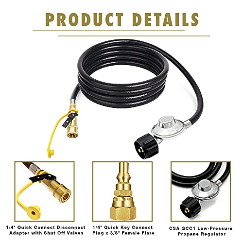 MCAMPAS 8 Feet Quick Connect Propane Hose with Regulator,1/4" Female Quick Connect Adapter x Acme Nut,1/4" Quick Connect Plug x 3/8" Female Flare for Olympian 5100 5500 RV Grill,Outdoor Firepit