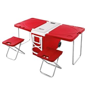 unicoo – multi-function rolling cooler picnic camping outdoor w/table & 2 chairs, outdoor picnic foldable upgraded stool, heat insulation box (red)