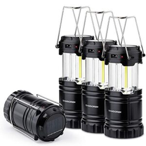 tansoren 4 pack solar usb rechargeable 3 aa power brightest cob led camping lantern with magnetic base, charging for android, waterproof collapsible emergency led light
