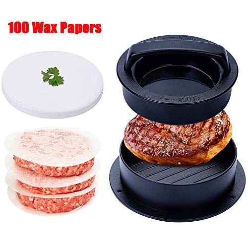 Stuffed Burger Press，3 in 1 Hamburger Patty Maker，Non Stick Burger Patties Cookery Mold to Make Stuffed Burger, Sliders Burger, Beef Burger,with 100 Wax Papers