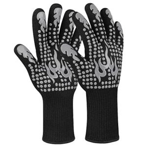 ribetween bbq gloves, heat resistant gloves for cooking, non-slip grill gloves oven mitts, 1472°f extreme heat resistant silicone gloves grilling gloves for barbecue, frying, baking, 1 pair (gray)