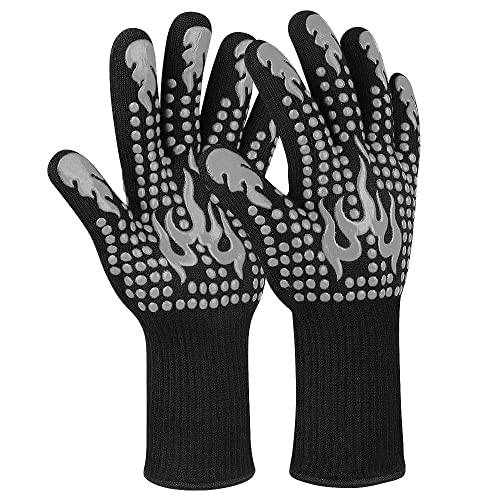 Ribetween BBQ Gloves, Heat Resistant Gloves for Cooking, Non-Slip Grill Gloves Oven Mitts, 1472°F Extreme Heat Resistant Silicone Gloves Grilling Gloves for Barbecue, Frying, Baking, 1 Pair (Gray)