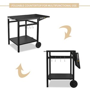 Pizzello Outdoor Grill Cart Double-Shelf Grill Table Foldable Tabletop Movable Food Prep Pizza Carts Outside Kitchen Pizza Oven Stand Trolley with 2 Wheels, Hooks