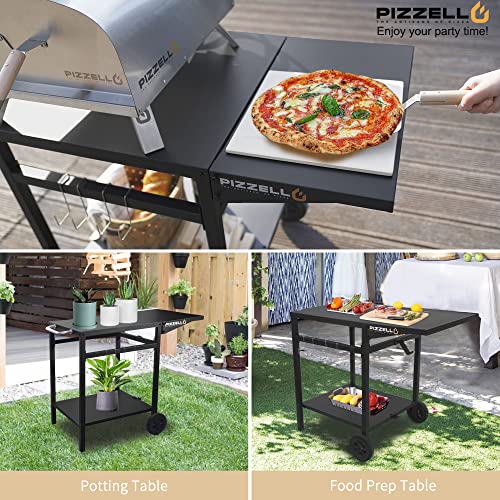 Pizzello Outdoor Grill Cart Double-Shelf Grill Table Foldable Tabletop Movable Food Prep Pizza Carts Outside Kitchen Pizza Oven Stand Trolley with 2 Wheels, Hooks