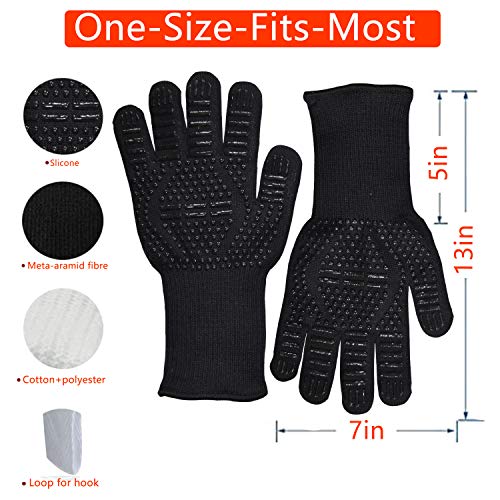 BBQ Grill Gloves, 932°F Extreme Heat Resistant Oven Mitts, Silicone Non-Slip Kitchen Cooking Gloves for Barbecue, Cooking, Baking, Grilling, BBQ, 1 Pair