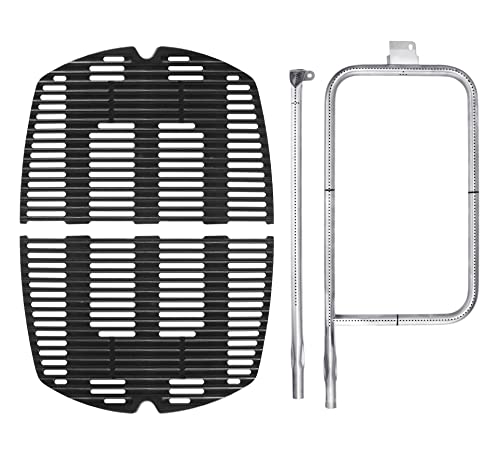 DELSbbq 7584 Cast Iron Grates and 65032 Grill Burner for Weber Q300 Q320 Q3000 Q3200 57060001 586002 Gas Grills, Replacement Parts for Weber 7646, 65032