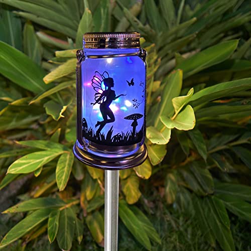 ANGMLN Solar Fairy Lantern for Garden Decorations- 2 Pack Outdoor Fairies Night Lights Gifts Hanging Lamp Frosted Glass Jar with Stake for Home Yard Garden Patio Lawn Party Decor Mother's Day Gifts