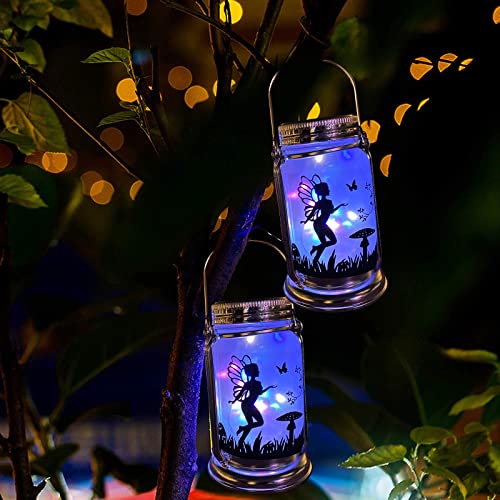 ANGMLN Solar Fairy Lantern for Garden Decorations- 2 Pack Outdoor Fairies Night Lights Gifts Hanging Lamp Frosted Glass Jar with Stake for Home Yard Garden Patio Lawn Party Decor Mother's Day Gifts