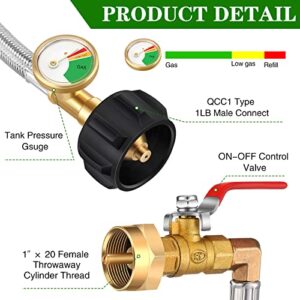 6 Feet Propane Hose with Gauge and Control Valve Propane Refill Adapter Hose Stainless Steel Braided Gas Line for 350 PSI High Pressure Camping QCC1 Type 1 LB Propane Gas Tank