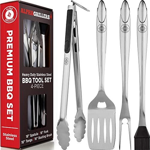 Alpha Grillers Grill Set Heavy Duty BBQ Accessories - BBQ Tool Set 4pc Grill Accessories with Spatula, Fork, Brush & BBQ Tongs - Gifts for Dad Durable, Stainless Steel Grill Tools