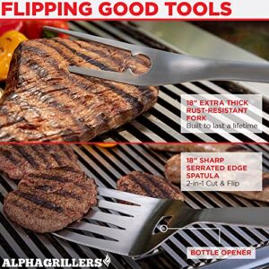 Alpha Grillers Grill Set Heavy Duty BBQ Accessories - BBQ Tool Set 4pc Grill Accessories with Spatula, Fork, Brush & BBQ Tongs - Gifts for Dad Durable, Stainless Steel Grill Tools