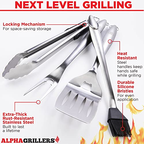 Alpha Grillers Grill Set Heavy Duty BBQ Accessories - BBQ Tool Set 4pc Grill Accessories with Spatula, Fork, Brush & BBQ Tongs - Gifts for Dad Durable, Stainless Steel Grill Tools