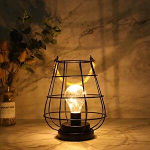 jhy design 8.5″ cage bulb lantern decorative lamp battery powered cordless accent light with warm white fairy lights led edison bulb lamp for living room bedroom kitchen wedding(black)