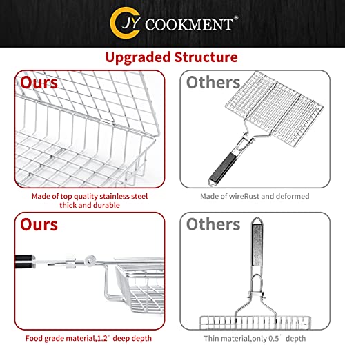 JY COOKMENT Grill Basket Stainless Steel with Portable Removable Handle, Grilling Basket-BBQ Accessories for Vegetable, Shrimp, Fish, Steak and Outdoor Use-Dishwasher Safe
