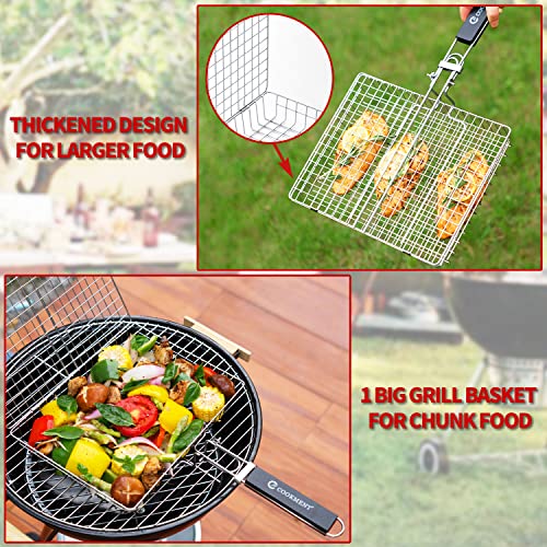 JY COOKMENT Grill Basket Stainless Steel with Portable Removable Handle, Grilling Basket-BBQ Accessories for Vegetable, Shrimp, Fish, Steak and Outdoor Use-Dishwasher Safe