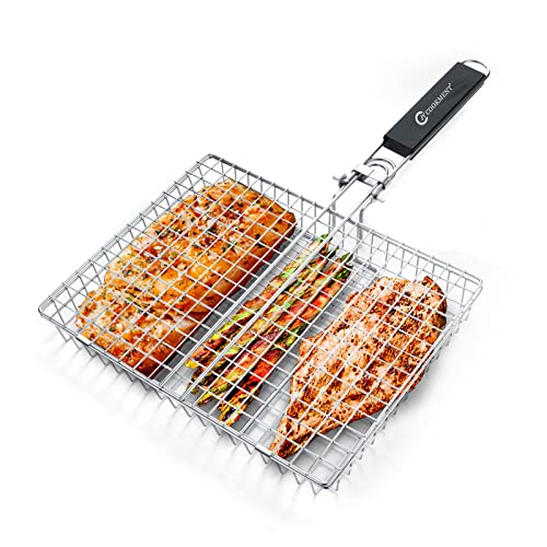 JY COOKMENT Grill Basket Stainless Steel with Portable Removable Handle, Grilling Basket-BBQ Accessories for Vegetable, Shrimp, Fish, Steak and Outdoor Use-Dishwasher Safe