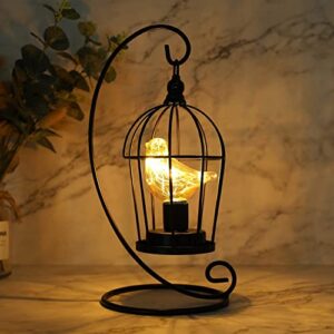 jhy design birdcage bulb decorative lamp battery operated 12″ tall cordless accent light with warm white fairy lights bird bulb for living room bedroom kitchen wedding xmas(black)