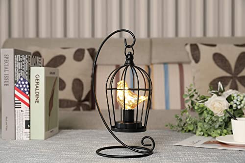 JHY DESIGN Birdcage Bulb Decorative Lamp Battery Operated 12" Tall Cordless Accent Light with Warm White Fairy Lights Bird Bulb for Living Room Bedroom Kitchen Wedding Xmas(Black)