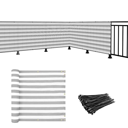 COARBOR Balcony Privacy Screen Fence: 3' x 25' Apartment Patio Privacy Screen Gray White Stripe Balcony Cover Balcony Décor 90% Blockage Balcony Deck Shield