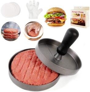 budobeg hamburger press patty maker for 1/4 to 1/2 lb aluminum non-stick burger press with wax paper plastic gloves and spatula, 4.5 in diameter