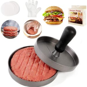 BUDOBEG Hamburger Press Patty Maker for 1/4 to 1/2 Lb Aluminum Non-Stick Burger Press with Wax Paper Plastic Gloves and Spatula, 4.5 in Diameter