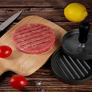 BUDOBEG Hamburger Press Patty Maker for 1/4 to 1/2 Lb Aluminum Non-Stick Burger Press with Wax Paper Plastic Gloves and Spatula, 4.5 in Diameter