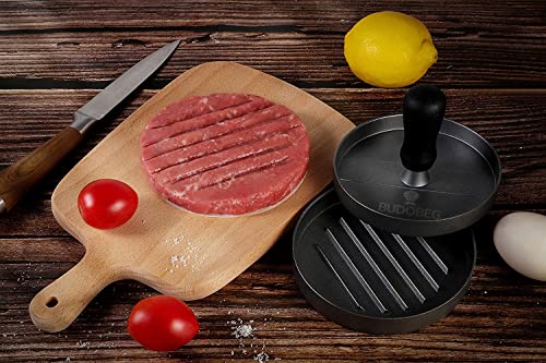 BUDOBEG Hamburger Press Patty Maker for 1/4 to 1/2 Lb Aluminum Non-Stick Burger Press with Wax Paper Plastic Gloves and Spatula, 4.5 in Diameter