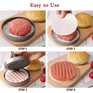 BUDOBEG Hamburger Press Patty Maker for 1/4 to 1/2 Lb Aluminum Non-Stick Burger Press with Wax Paper Plastic Gloves and Spatula, 4.5 in Diameter